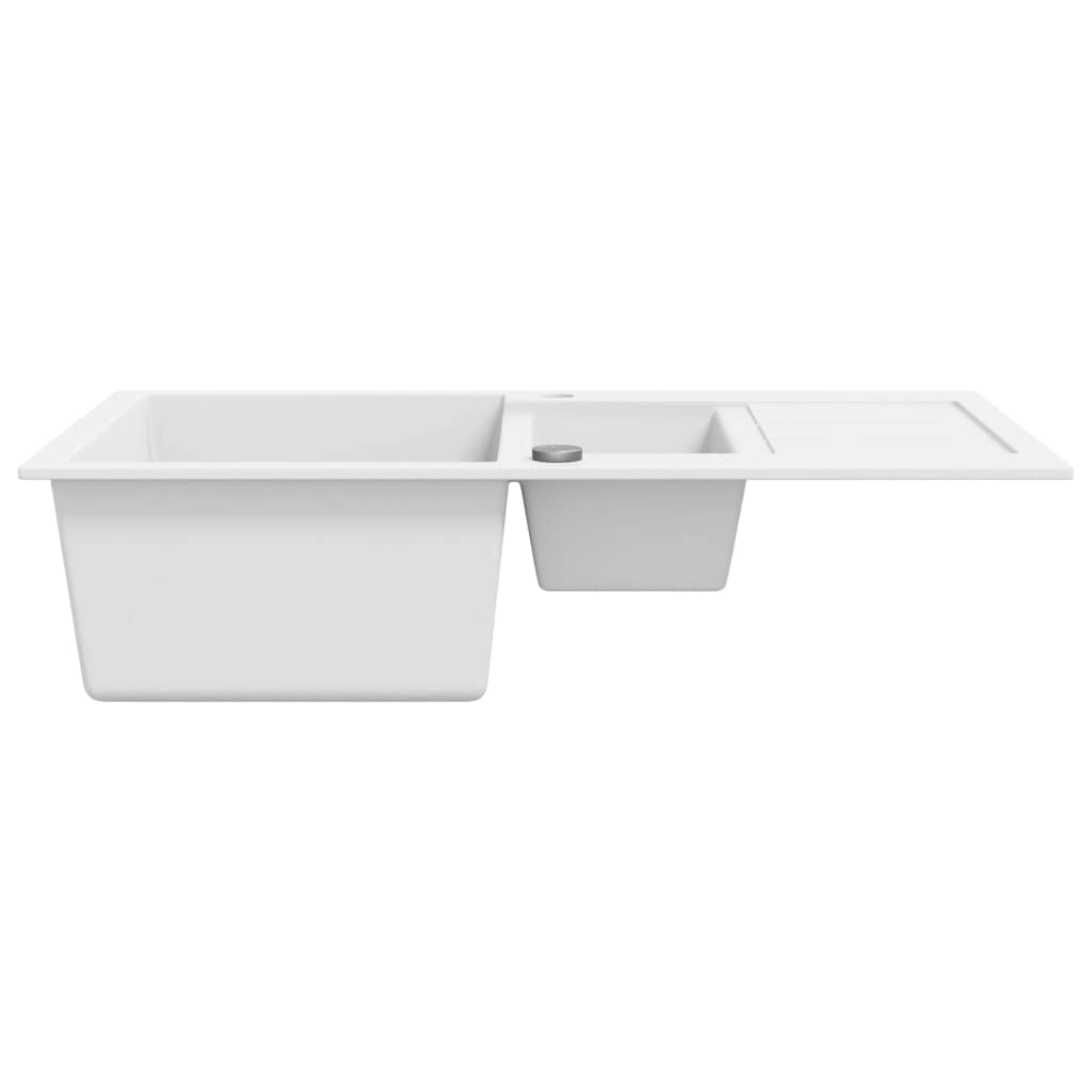 Fregadero de granito doble blanco empotrable con escurridor y residuos, fregadero de cocina de granito resistente a los arañazos con sifón, orificio para grifo, rebosadero, accesorios para