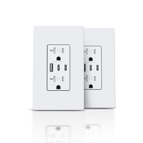 TOPELER 3 Ports USB Wall Outlet, 6.0A High Speed Charging Capability Receptacle, 20 Amp TR Wall Socket with USB-C, Screwless Plate Include, ETL Listed & FCC Approval, White, 2Pack