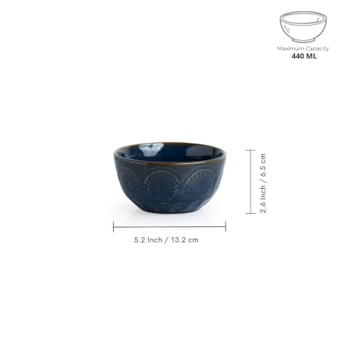 Image of ExclusiveLane 'Mandala Duo' Hand Glazed Ceramic Bowls for Serving Bowl Set (Set of 2, 440 ml, Microwave Safe, Dishwasher Safe, Blue) | Kitchen Bowl Ceramic Serving Bowls for Snacks Serveware