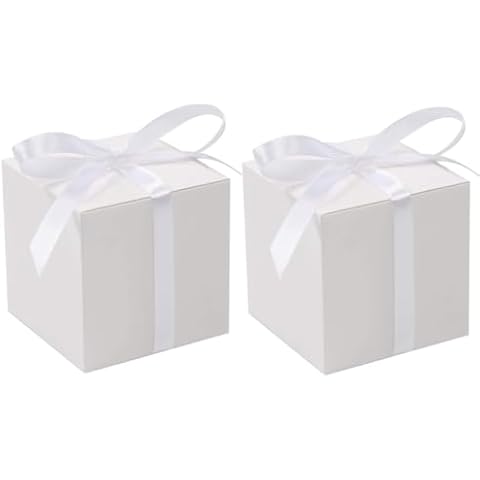 KUPOO 50PCS Favor Boxes,Candy Boxes 3x3x3 Inches Gift Boxes with Ribbons for Wedding Baby Shower Decorations Birthday Party Supplies (White) Cover