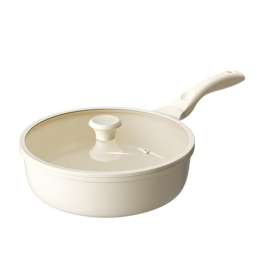 Image of Redchef Nonstick Deep Frying Pan with Lid, Ceramic Saute Pan Skillet, PFOA PFOS Free, Induction Compatible, Stay-Cool Helper Handle, Tempered Glass Cover, Dishwasher Safe, Beige (3.7Qt, 10 inch)