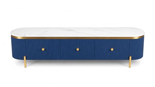 Image of Mazzo White Marble TV Unit Console | 70 inchx15 inchx18 inch | Golden Legs & Charcoal Louvers | Storage Drawers | Modern TV Stand Console Unit White Marble Top with Gold Accents, Storage (Blue)