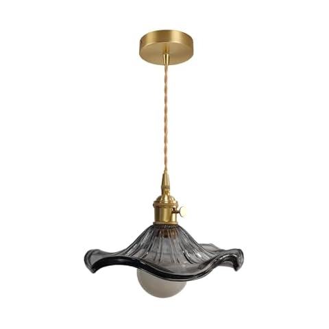 LOTREE Retro Farmhouse Grey Glass Round Pendant Light Fixtures Gold Brass Switch and Copper Finish E26 Pendant Chandelier for Kitchen Island(Grey) Cover