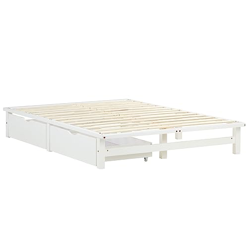 Homestyle4u Holzbett Palettenbett 140x200 cm 2 Schubladen Bettgestell mit Lattenrost Weiß Kiefer Massivholzbett