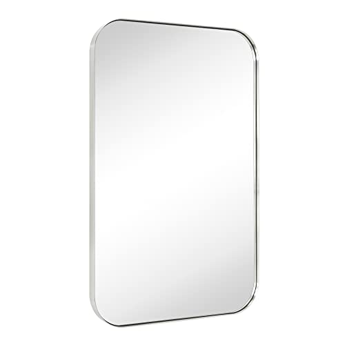 Vana Nala 24X36'' Brushed Nickel Rounded Rectangle Bathroom Vanity Wall Mirror Silver Stainless Steel Metal Framedrectangular Bathroom Mirror, Vertical And Horizontal Hanging #TOP4