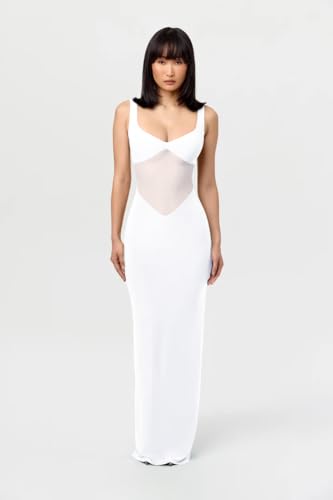 Image of Memoriesea Women's Sexy V Neck Sleeveless Hourglass Mesh Bodycon Evening Party Maxi Dress White