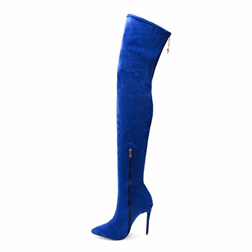 Bottes élastiques bleu royal stretch sur le genou avec bout pointu et talon haut 12 cm