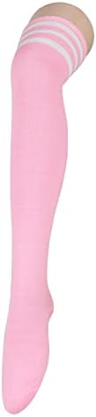 Zando Women Casual Thigh High Socks Over the Knee Socks Striped Knee High Socks Cosplay Socks Leg Warmers Fashion Long Tube Socks Thigh High Stockings for Women 1 Pair Pink White One Size