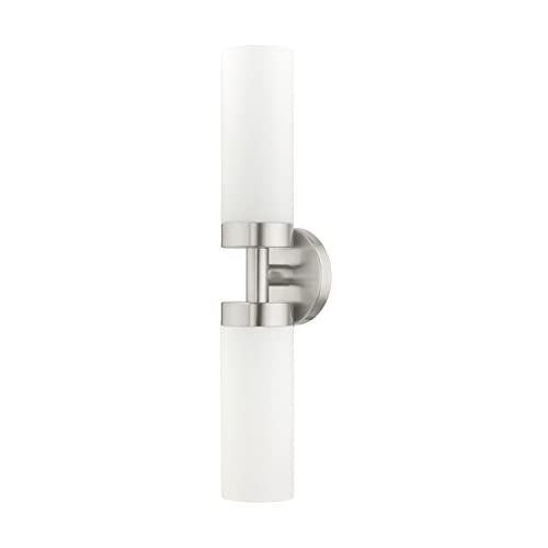 Image of Livex Lighting 15072-91 Aero Collection ADA 2-Light Bathroom Vanity Light with Satin Opal White Glass Cylinder Shades, Brushed Nickel, 19.25 x 4.25 | Dimensions: 19.25 x 4.25; Satin Opal White Glass Cylinder Shades