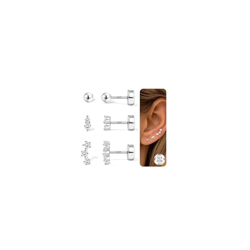 Pendientes Mujer Plata Dorados De Ley 925 - Hipoalergénicos Piercing Oreja Para Oídos Sensibles Flor CZ Piercing Tragus Helix Pendientes Dorados Plata Mujer 3 Pares Bola de Plata