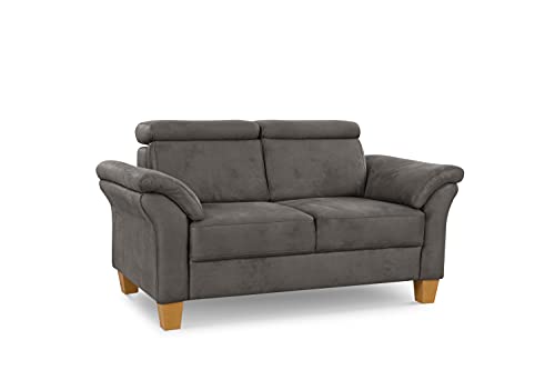 Cavadore 2-Sitzer-Sofa Ammerland / 2er-Couch im Landhausstil mit Federkern + verstellbaren Kopfstützen / 156 x 84 x 93 / Wildlederoptik, Grau