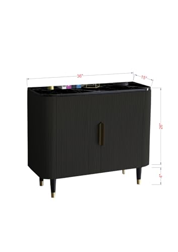 Image of Boston Console Table, Black Marble Top, Charcoal Louvers, Golden Accents, 36x15x30 Inch, Waterproof Plywood, 3-Shelf Storage Cabinet, Elegant Entryway or Living Room Display Table (Black)