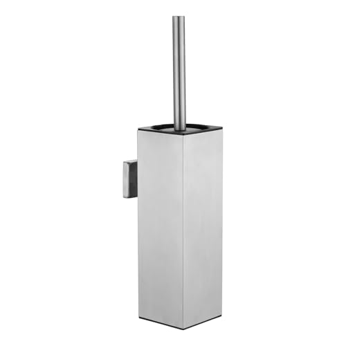 Image of Toilet Brush Set, Brushed Wall-Mounted Toilet Brush Holder | Square Stainless Steel Toilet Brush for the Bathroom-Drill-Hole Installation, Long Handle with Splash-Proof Plastic Cover