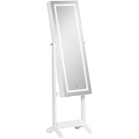 HOMCOM Jewellery Cabinet with LED Light, Lockable Jewellery Organiser with Full-Length Mirror for Bedroom Dressing Room, White Cover