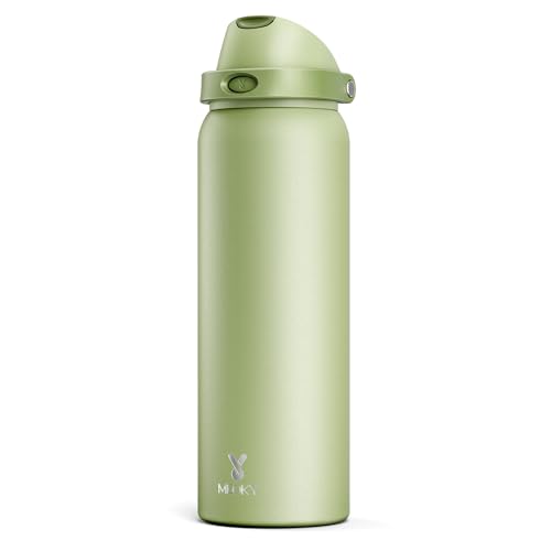 Image of 40 oz Insulated Water Bottle with Straw: Meoky Stainless Steel Metal Water Bottle with 2-in-1 Lid - Leak Proof, Cold for 24 Hours, Protective Silicone Base, BPA-Free for Sports Gym, Sage
