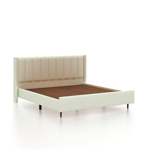Image of Ganpati Arts Solid Sheesham Wood Emperor Upholstered Queen Size Bed Without Storage | Durable Wooden Double Bed Palang Furniture for Bedroom, Living Room, Home and Hotel (Off White)