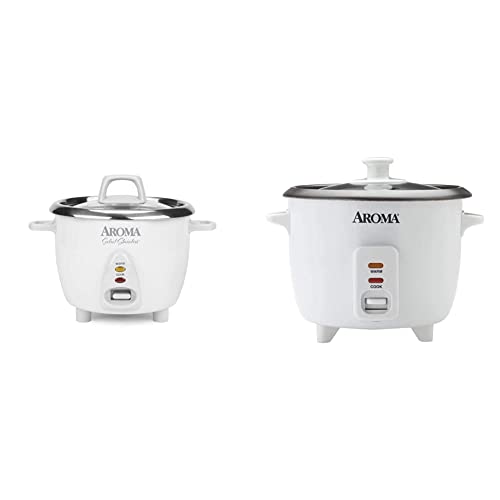 Aroma Housewares Select Stainless Rice Cooker & Warmer with Uncoated Inner Pot, 14-Cup(cooked) / 3Qt, ARC-757SG & Aroma 6-cup (cooked) 1.5 Qt. One Touch Rice Cooker, White