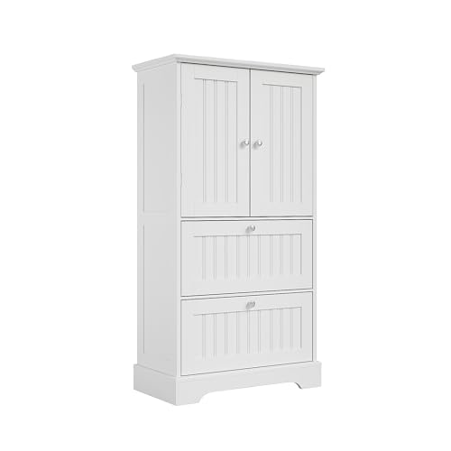 Treocho Bathroom Floor Cabinet, White Bathroom Storage Cabinet with Drawers and Adjustable Shelf, Freestanding Kitchen Pantry Cupboard with 2 Doors for Living Room
