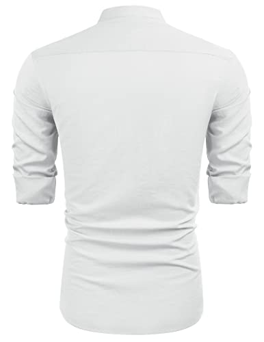 Coofandy Mens Button Down Shirts Long Sleeve Casual Summer Beach Shirts Linen Button Up Shirts Cuban Guayabera Shirts A-White #TOP4