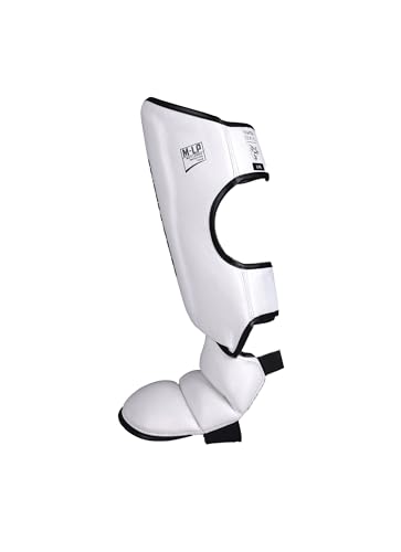 Image of MAUZER Muay Thai MMA Shin Guards with Instep Foot Protection High Density EVA Padding Adjustable Velcro Straps Synthetic Leather Kickboxing Guards (White and Black, Small)