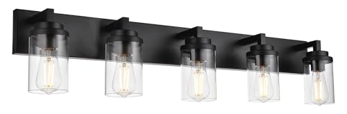 Image of MELUCEE 5-Light Black Bathroom Light Fixtures with Clear Glass Shade, Black Vanity Lights Industrial Wall Mount Light for Bathroom Mirror, Powder Room Bedroom