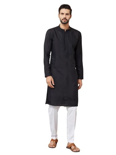 Image of See Designs Men's Long Sleeve Mandarin Collar Side Slit Cream Embroidered Chanderi Silk Straight Kurta with Pyjama
