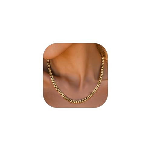 ChainsHouse Chunky Cuban Link Chain Necklace for Women, Stainless Steel Gold Chain Necklace, 5/12/14mm Width Hip Hop Cuban Chain Choker for Women Men Jewelry Gifts 18 Inches A:Gold- 5mm