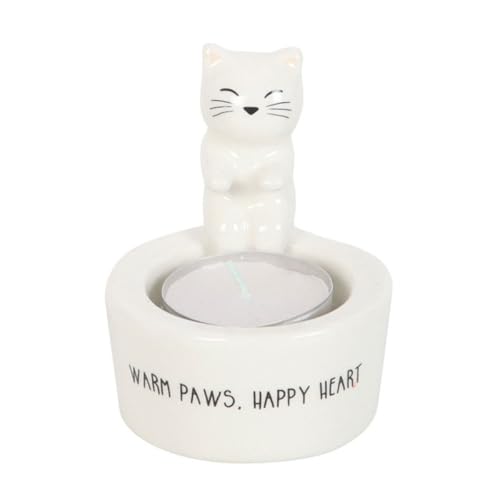 Warm Paws Happy Heart Cat Tealight Holder | Ceramic Cat Candle Stand | Cozy Heat Decoration