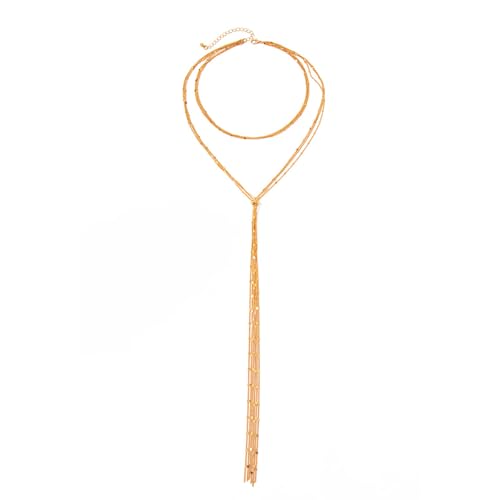 JewelryWe Cadena trasera para mujer cadena corporal en forma de Y: collar de lazo dorado doble cuentas portátiles borla cadena de cintura de cobre sexy espalda abierta fiesta boda cuerpo joyería
