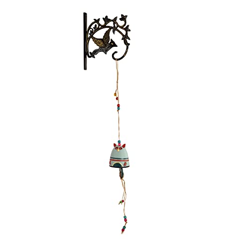Image of Aakriti Art Creations Kitty-Kat Terracotta Hanging Door Bell with Metal Stand | Handmade Modern Art Terracotta & Metal Hanging Bell | Decorative Entryway for Home, Balcony & Gifting