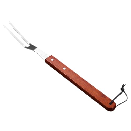 OUNONA Stainless Steel Bbq Roasting Fork with Wooden Handle for Grilling Meat Skewers for Chicken Wings Beef and Lamb Chops Roasting