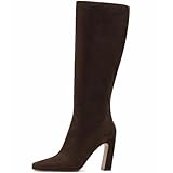 Lovee Cosee Chocolate Suede Knee High Boots for Women Dark Brown Square Toe Chunky Heels for Women Wide Calf Fall Fashion Trendy Tall Long Boots Winter Warm Party Dress Office Lady