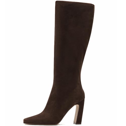 Lovee Cosee Chocolate Suede Knee High Boots for Women Dark Brown Square Toe Chunky Heels for Women Wide Calf Fall Fashion Trendy Tall Long Boots Winter Warm Party Dress Office Lady