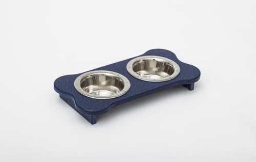 1 Pint 2.25 in. Low High Double Poly Wood Dog Bowl with 2 Stainless Steel Bowls Patriot Blue