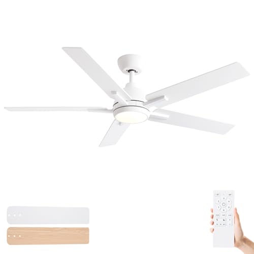 Sevenine 52 Inch Ceiling Fans with Lights and Remote, White Ceiling Fan with 5 Balde for Outdoor/Bedroom Living Room, Downrod, 6 Speed Reversible DC Motor, 3CCT Dimmable Timer Noiseless, ETL Listed