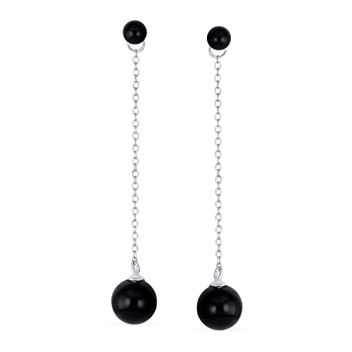Simple Gemstone Dangle Double Round Genuine Black Onyx or Green Jade Long Linear Dangle Chain 2 Ball Earrings For Women .925 Sterling Silver 8MM2