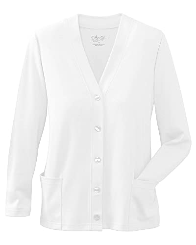 UltraSofts Button-Front Knit Cardigan - Timeless Sweater, Long Sleeves Patch Pockets, UPF 50+ Excellent Skin Protection, White, Medium