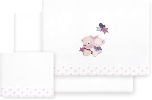 Danielstore Sabanas Minicuna 50 x 80 cm, Bebe Primavera, Verano y Otoño 100% Algodón Fafricado en España - (Bajera+encimera+Funda Almohada) (Volamos Baby BCO Rosa)