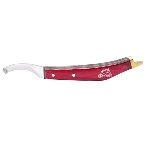 Image of Equine Care Farrier Hoof Knife, Right-Handed, Brass Cap for Horse Shoeing | Right-handed farrier hoof knife with J2 stainless steel blade, notched brass shoe topper, layered handle and flat thumb rest