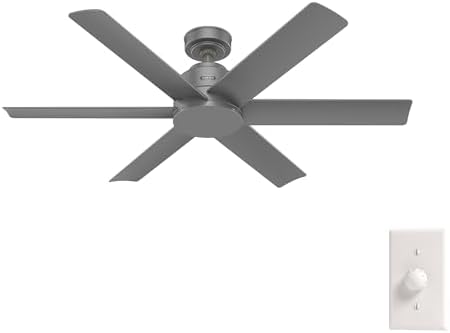 Hunter 52 inch Outdoor or Indoor Ceiling Fan No Light - Ceiling Fan without Light, For Patio, Porch, Garage, or Living Room, Standard Mount, 6 Blades, Wall Control - Kennicott 51179, Matte Silver