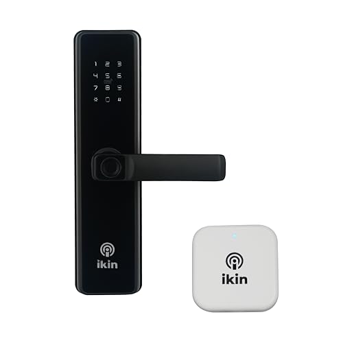 Image of IKIN Smart Door Lock | Digital Lock for Safer Homes | 6- Way Unlocking | Fingerprint | Mobile App | RFID Access | OTP Access | Pincode | Mechanical Key | Wooden Doors (Max SE + WiFi Gateway, Black)