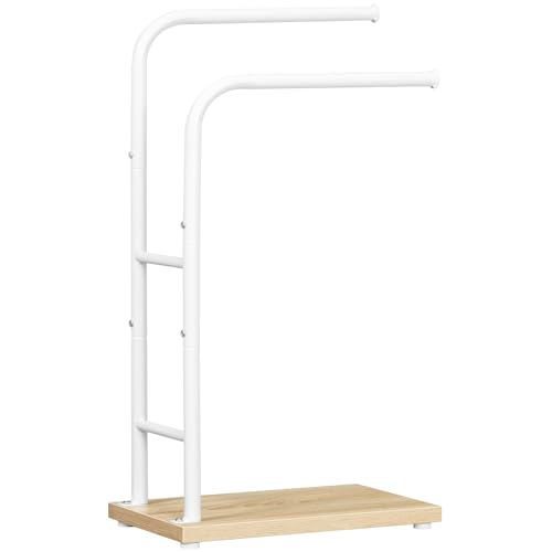 HOOBRO Handtuchhalter Stehend, Badetuchhalter mit 2 Stangen, Handtuchständer freistehend, 40 x 24 x 80 cm, für Badetücher, Kleidung oder Zeitungen, Weiß-Natürliche Holzfarbe EWN24LB01G1