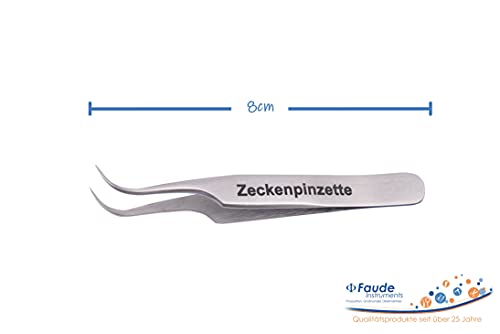 Faude Zeckenpinzette, Zeckenzange nur 8cm klein für Unterwegs zum Entfernen von Zecken jeder Größe ohne sie zu quetschen mit feiner, rund gebogener Spitze, Edelstahl