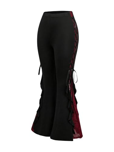 Verdusa Women's Goth Bow Tie Contrast Lace Flare Pants High Rise Ruffle Bell Bottom Pants