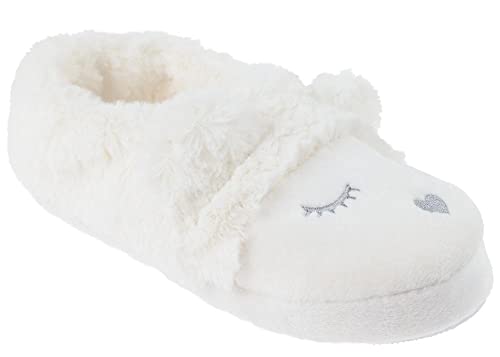 Capelli New York Ladies Bear Faux Fur and Soft Boa Moccasin Slipper with Embroidery, 3D Parts, and Faux Fur Lining, Ivory, XL (9/10)