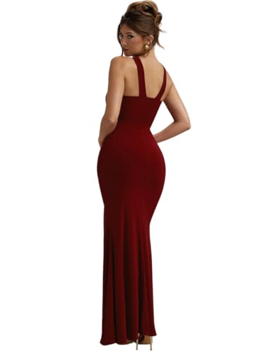 Image of Women Asymmetric Neck Burgundy Bodycon Dress (in, Alpha, L, Regular, Wine)