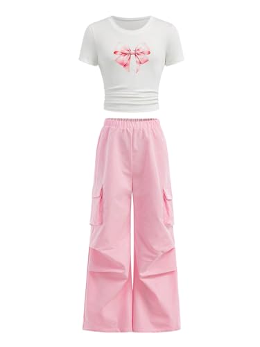 WDIRARA Girl's 2 Piece Bow Graphic Outfits Short Sleeve Crop