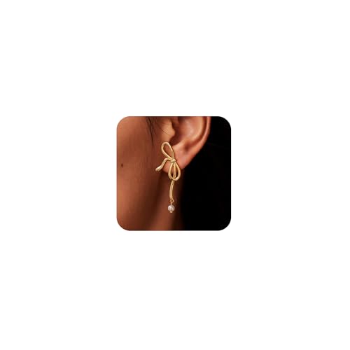 Pearl Earrings for Women Trendy, 14K Gold Plated Bow Stud Pearl Huggie HoopTwist Rope Bow Dangle Earring Studs Jewelry