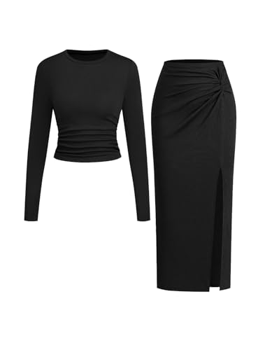 Women's 2 Pieces Skirt Set Knit Long Sleeve Crop Top Twist Front Slim Fit Solid Color Side Slit Tight Bodycon Skirt2