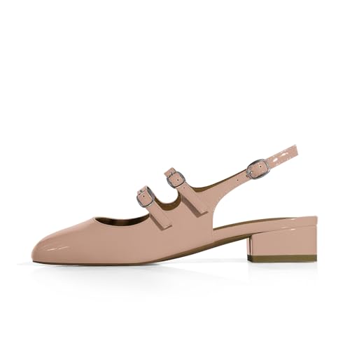 Image of anteikira Women's Round Toe Slingback Flats Closed Toe Double Strap Mary Jane Flats for Women 1 Inch Heel Dress Shoes Low Heel Causal Work Office Pumps for Women Size 5.5-12US